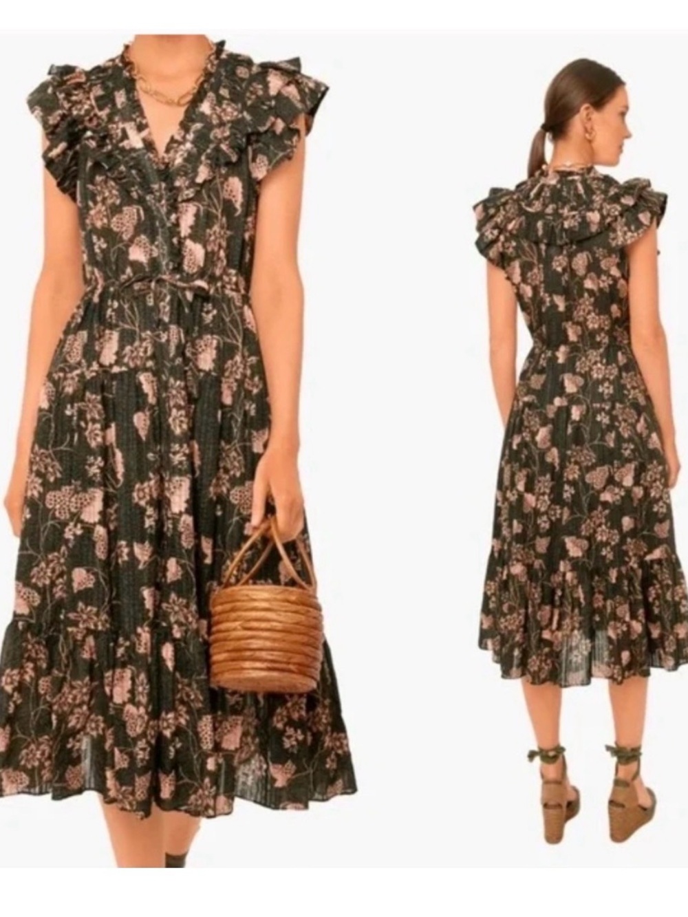Ulla Johnson Romina Balsam Black Midi Dress with Pink Floral Print NWT